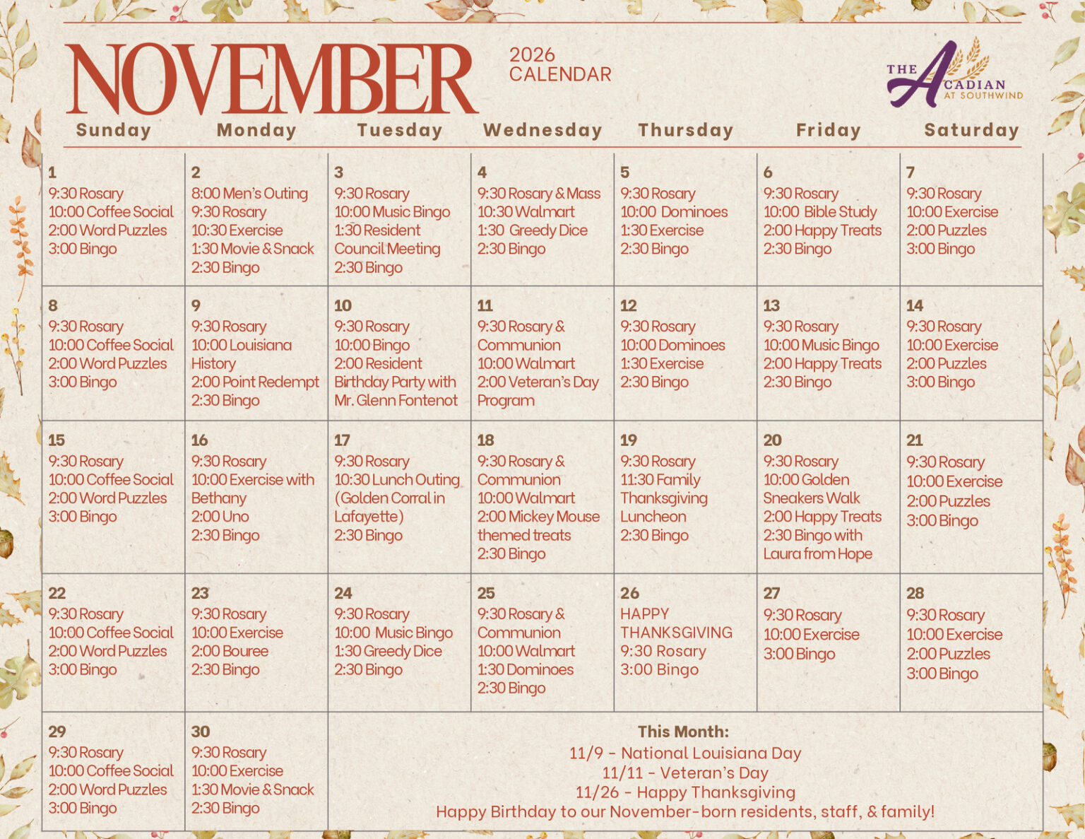 The Acadian at Southwind | November 2026 Calendar